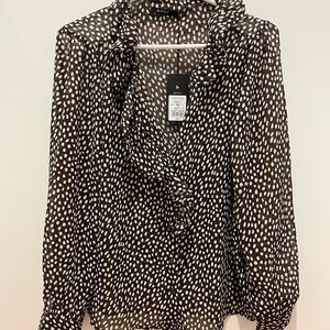 Golf Brown and White Polka Dot Blouse chiffon ruffle sheer NWT